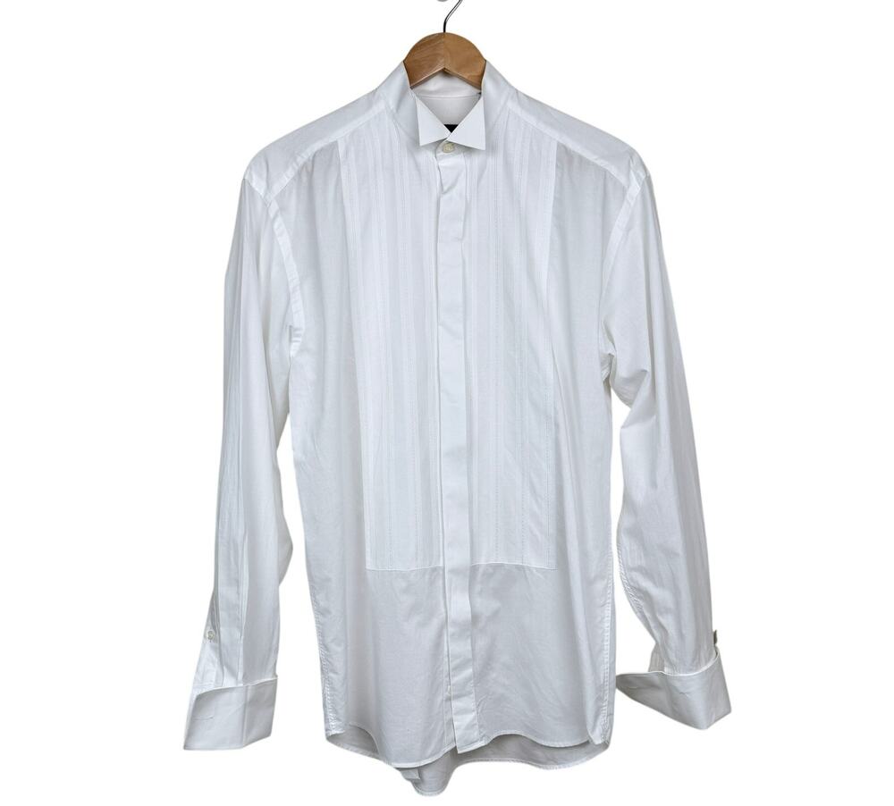 Canali Tuxedo Shirt White Pleated Bib French Cuff 15/38 Made in Italy